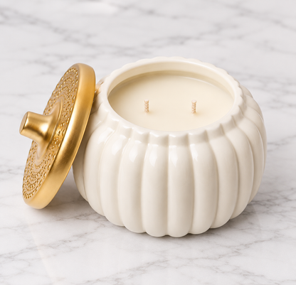 Two Wick Ivory Pumpkin Ceramic Candle
