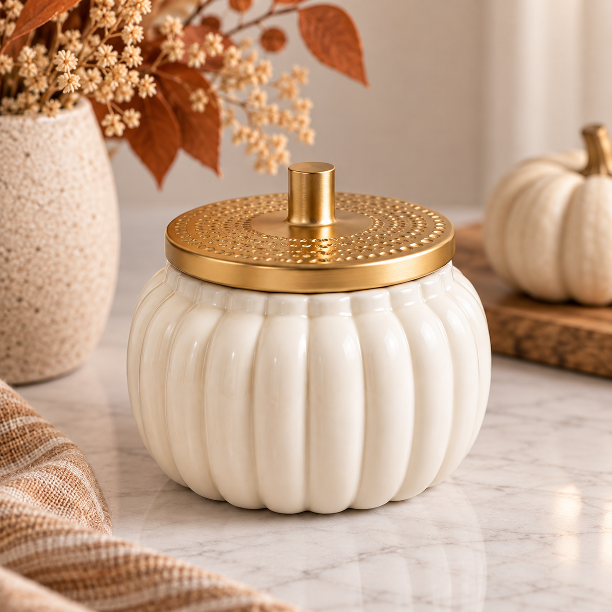 Two Wick Ivory Pumpkin Ceramic Candle