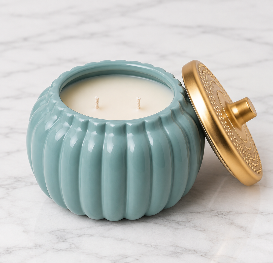 Two Wick Autumn Teal Pumpkin Ceramic Candle