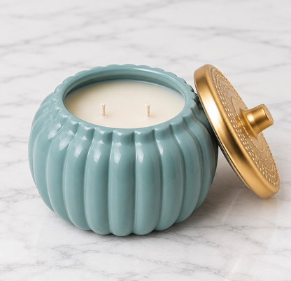 Two Wick Autumn Teal Pumpkin Ceramic Candle